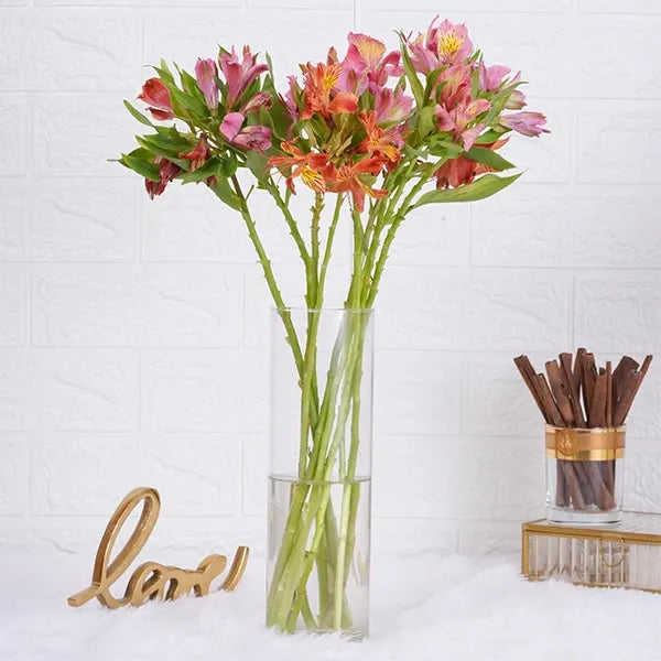 10 alstroemeria in long glass jar front view