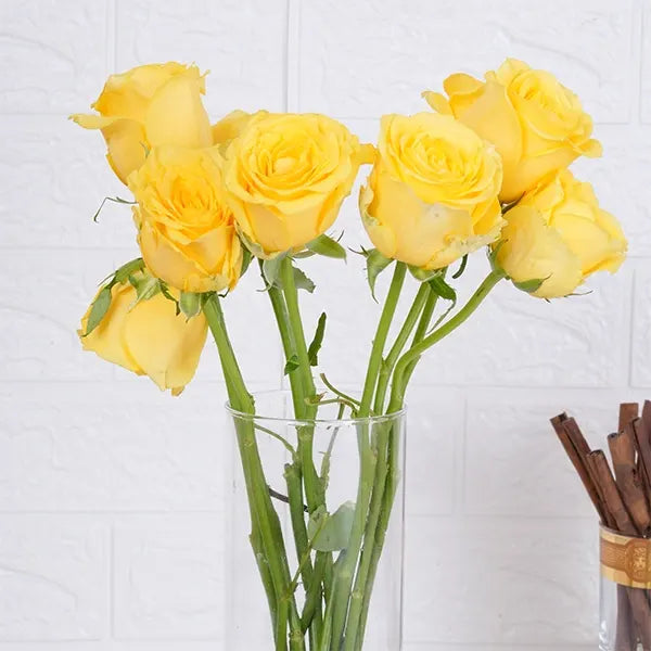 10 yellow roses in long glass jar close up view