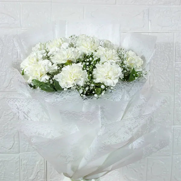 15 white carnations bouquet with gypsophila close up view 2