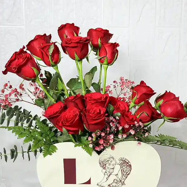 20 red roses in a heart shape love box close up view