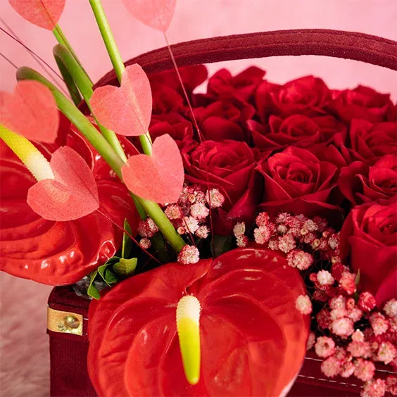 22 red roses with 4 anthurium in maroon square box closeup view 2