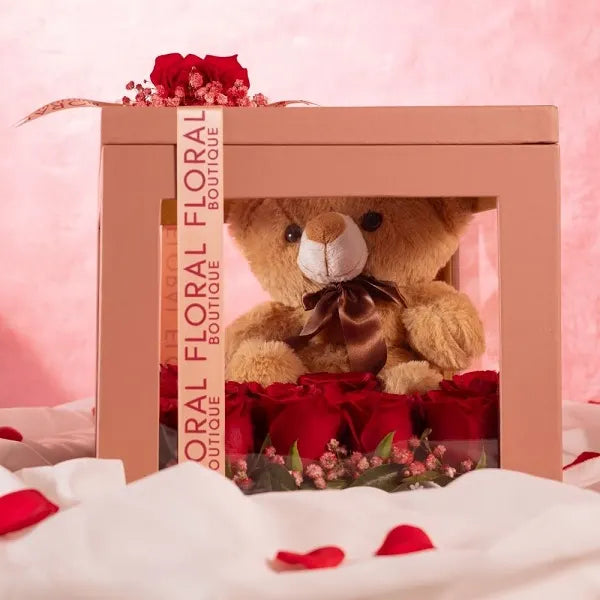 25 red roses teddy bear in a box front view 2