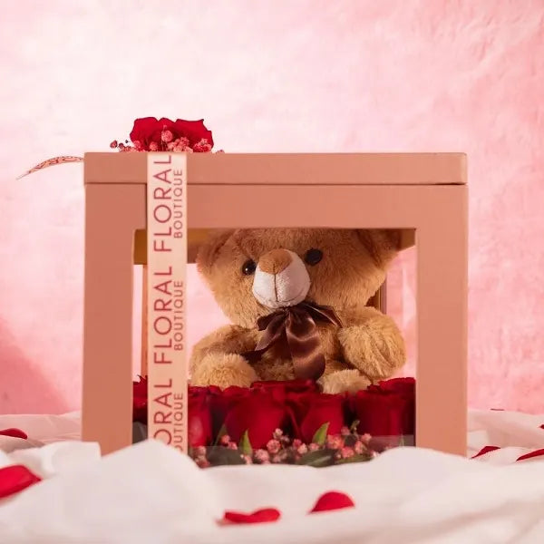 25 red roses teddy bear in a box front view