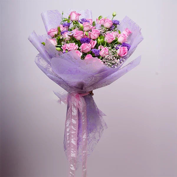 30 pink roses bouquet with purple eustoma front view
