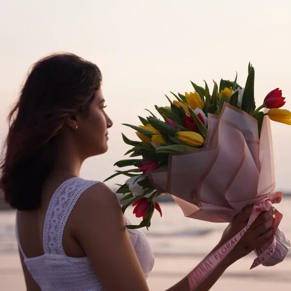 30 tulip bouquet in yellow red and white lifestyle view