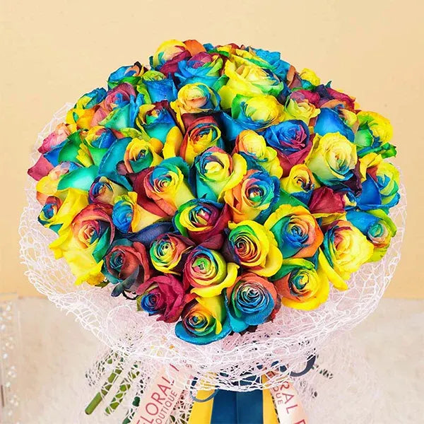 50 rainbow rose bouquet close up view 2