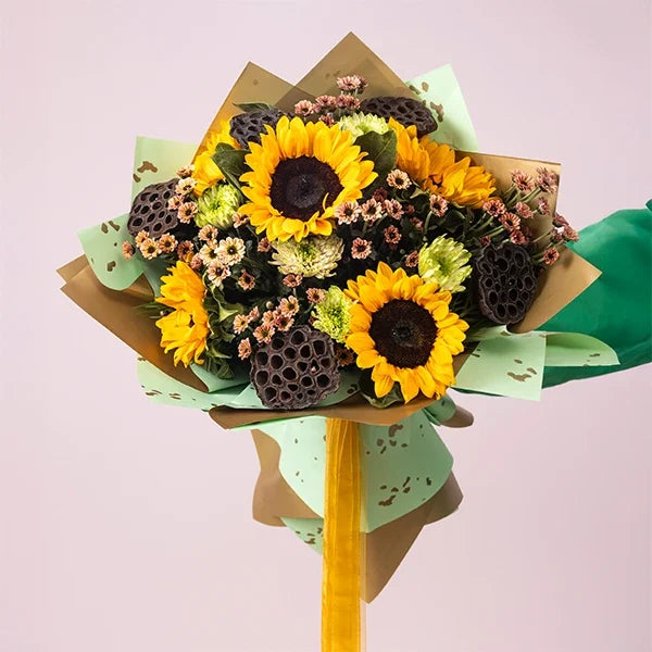 Artisan Sunflower Bouquet with Disbuds & Dry Lotus