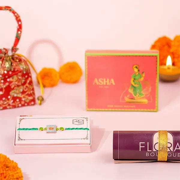 american diamond ad rakhi with asha sweet mix 250g front view