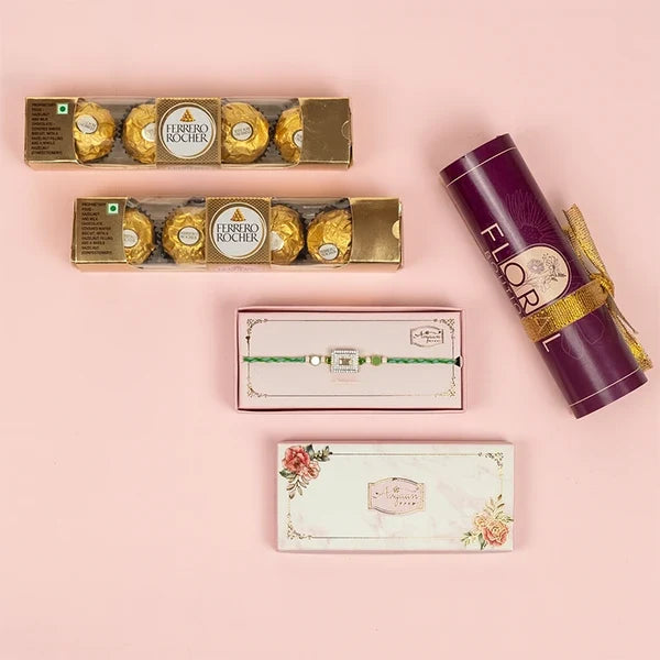 american diamond ad rakhi with ferrero rocher 8 pcs top view