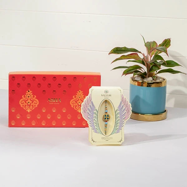 aqua divine rakhi hamper with asha sweet mix aglaonema in blue pot front view