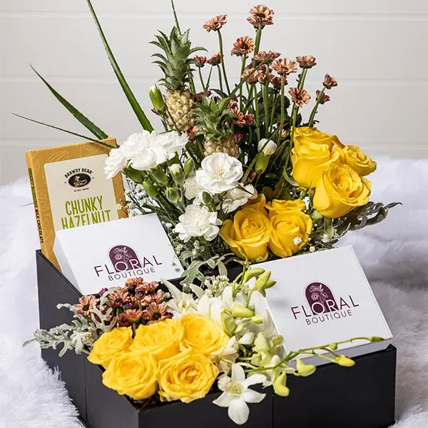 yellow roses white carnations flower with hazelnut chocolate in black box front view 2