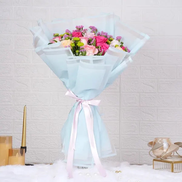 bouquet with mums statice roses william front view