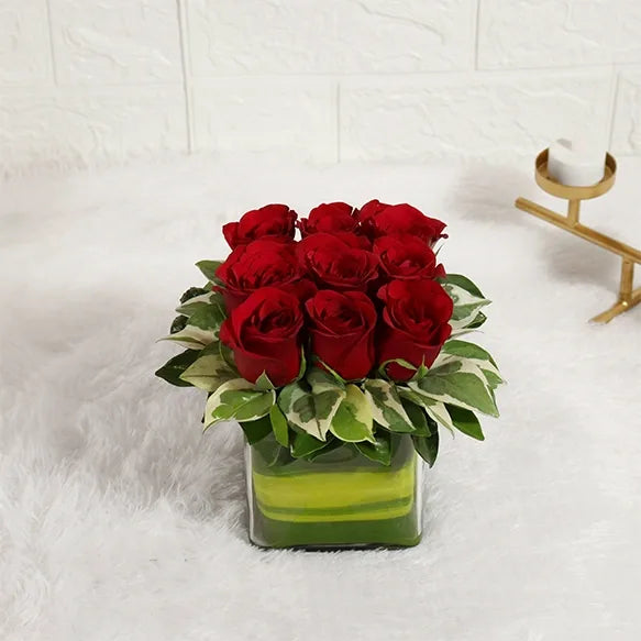 classic 9 red roses in glass vase closeup view
