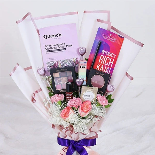 cosmetic bouquet elegant flowers paired with beauty products close up view