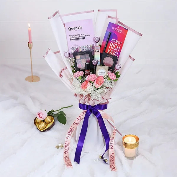cosmetic bouquet elegant flowers paired with beauty products front view 2