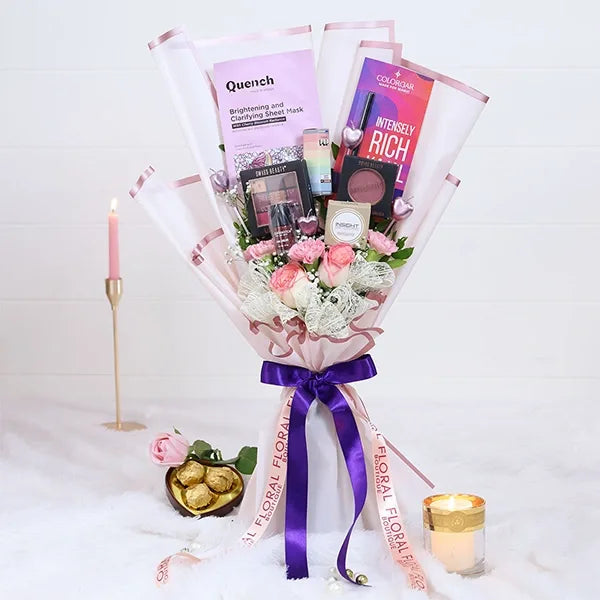 cosmetic bouquet elegant flowers paired with beauty products front view