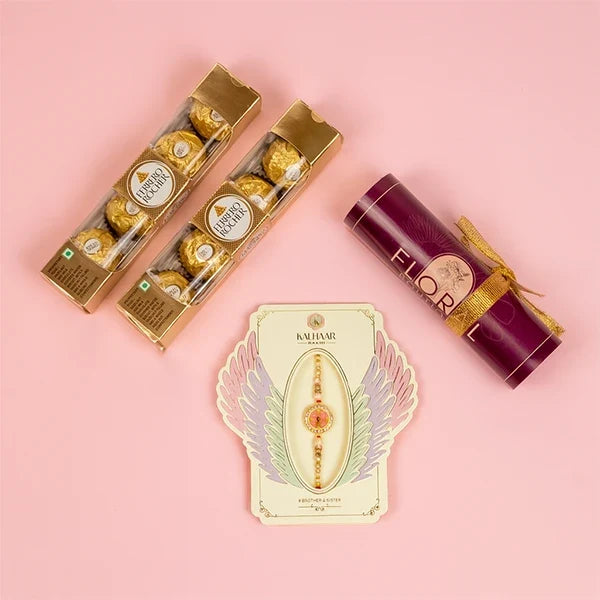 divine chakra rakhi with ferrero rocher 8 pcs top view