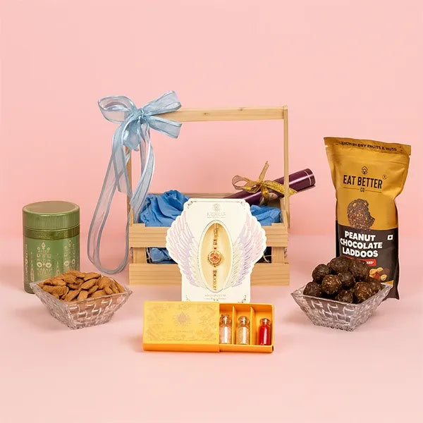 divine chakra rakhi with millet laddu & almonds hamper front view