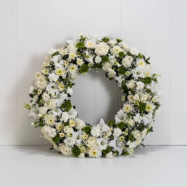 elegant white sympathy wreath fornt view
