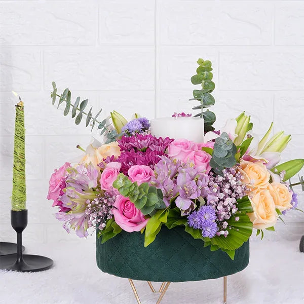 flower box arrangement of pink revival peach roses with pink chrysanthemums top view 2