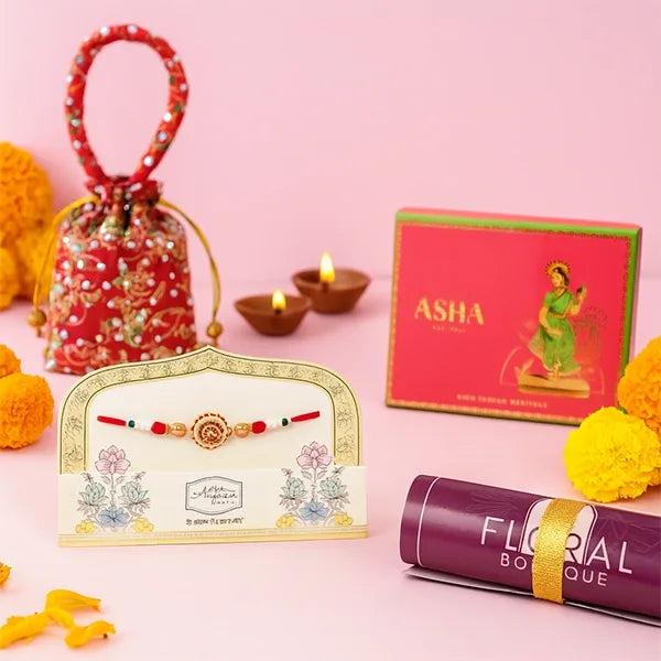 ethnic charm rakhi with asha sweet khoya and kaju mix 250g front view