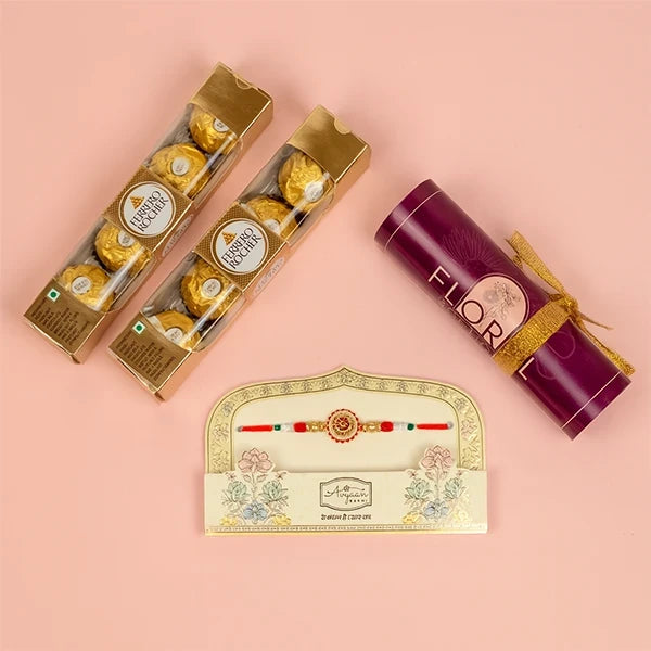 ethnic charm rakhi with ferrero rocher 8 pcs top view