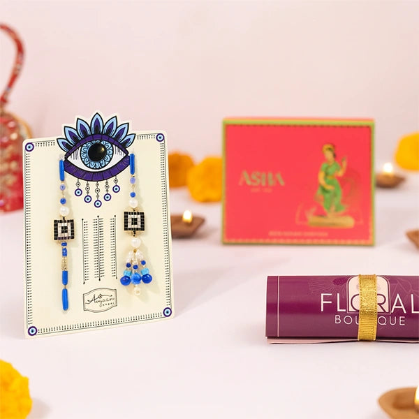 evil eye rakhi lumba set with asha sweetkhoya and kaju mix 250g front view