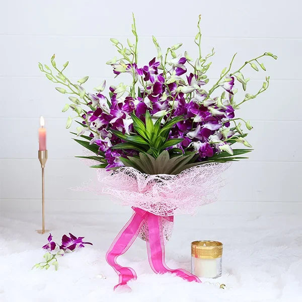 orchid bouquet with pink mash paper close up view