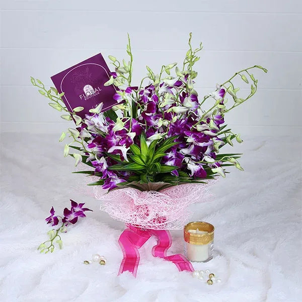 orchid bouquet with pink mash paper front view 2