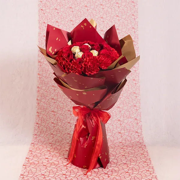 chocolate bouquet of red roses and red carnations with ferrero rocher front view 2
