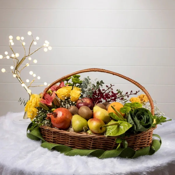 flower and mix fruits basket front view
