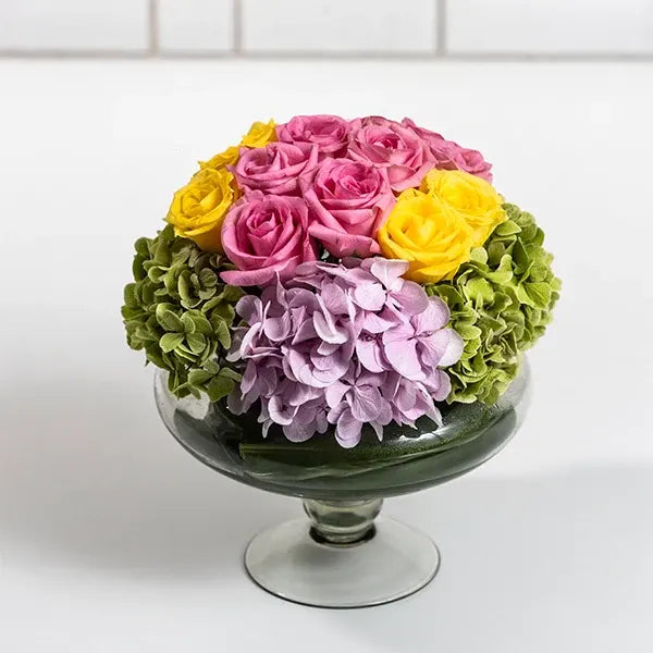 garden bliss floral arrangement in potpourri vase front view 2