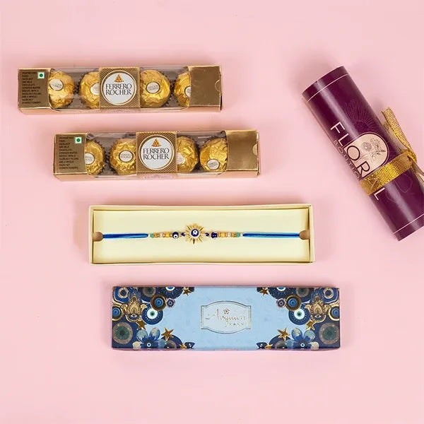 golden evil eye sun rakhi with ferrero rocher 8 pcs top view