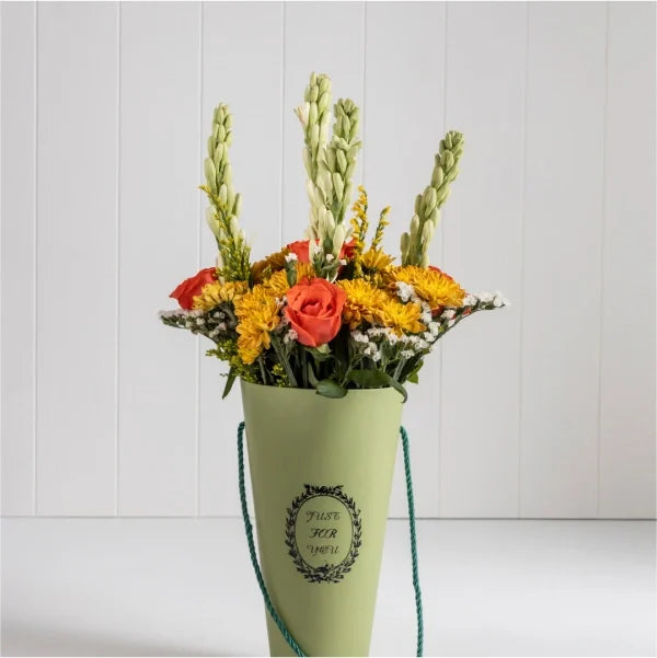 orange chrysanthemums tuberose stems goldenrod stems cone shaped box front view