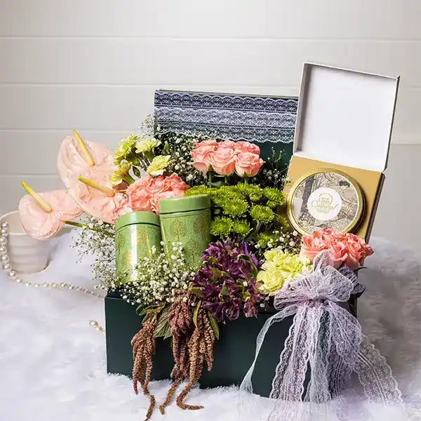 hamper box of anthurium baby pink rose front view