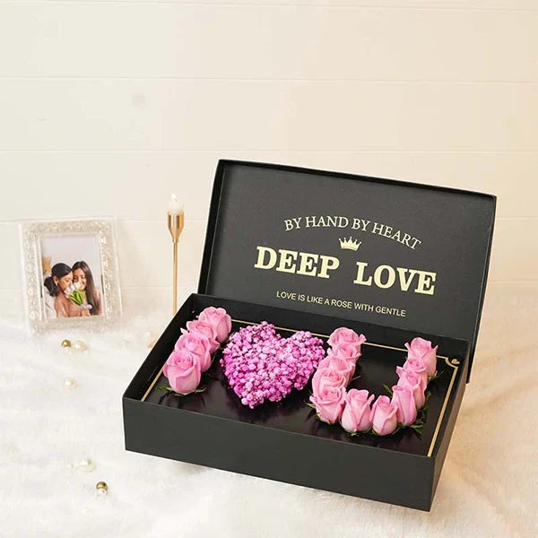 I love you pink rose arrangement in black box front view