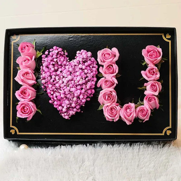 I love you pink rose arrangement in black box top view