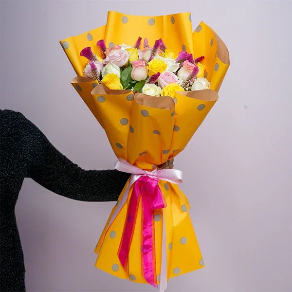 mix roses bouquet of yellow jumilia sweet pink white rose front view