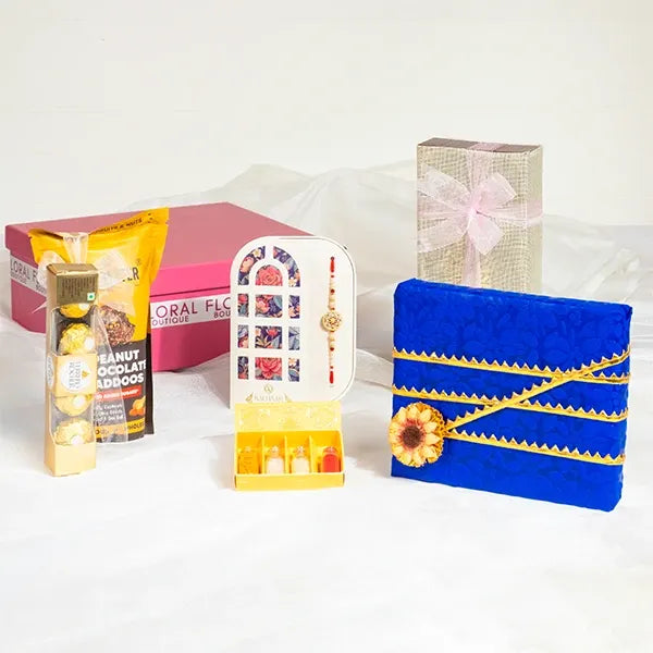 ornate bloom rakhi grand hamper front view
