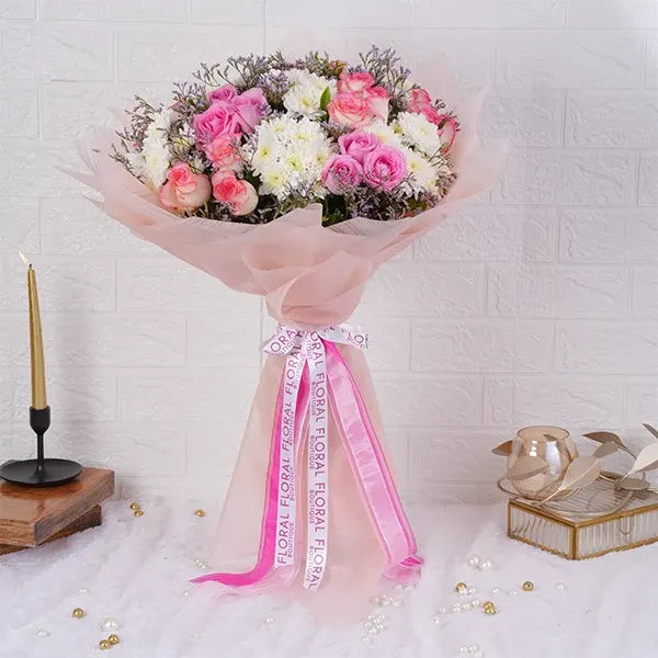 pink roses bouquet with white mums front view