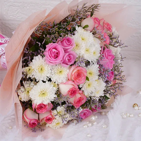 pink roses bouquet with white mums top view 2