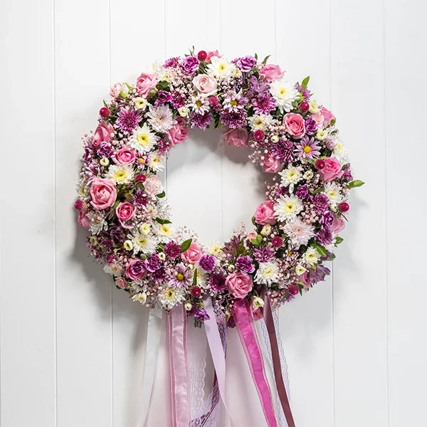 purple and pink blossom wreath front view 3