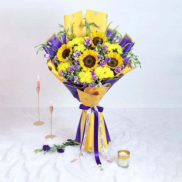 sunflower bouquet with yellow and purple wrap front view 2