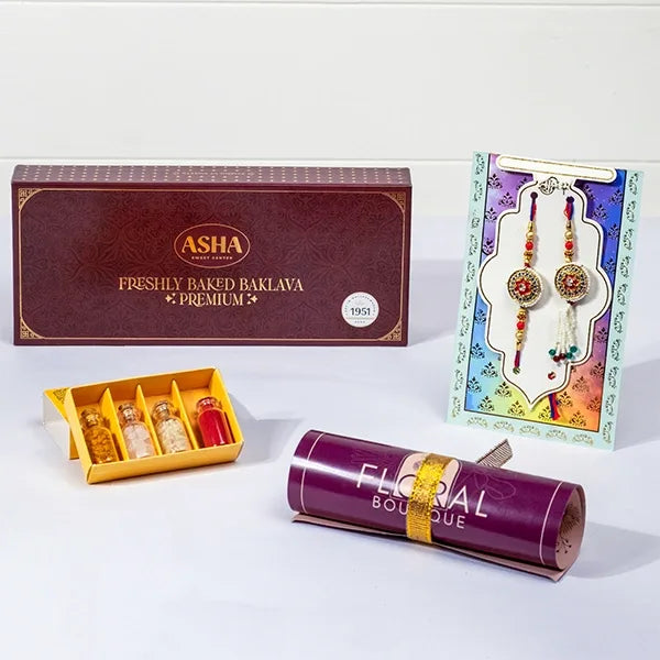 rajasthani rakhi lumba set with asha baklava roli chawal front view