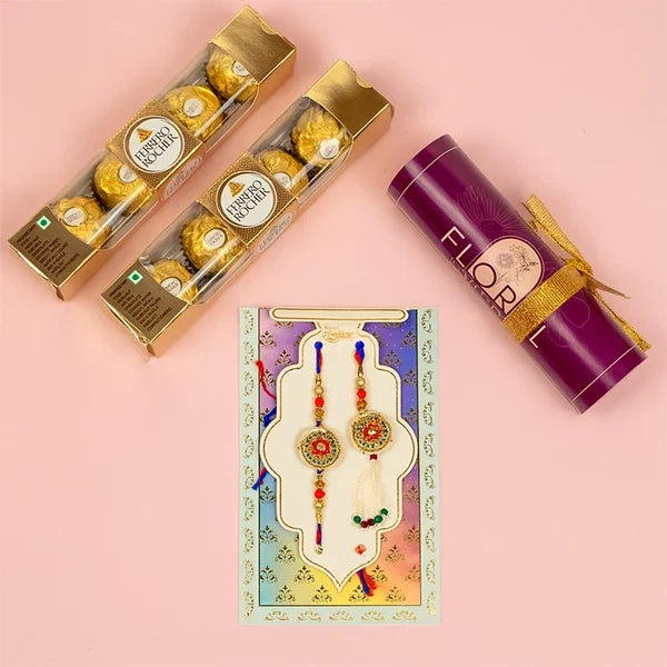 rajasthani rakhi lumba set with ferrero rocher 8 pcs top view