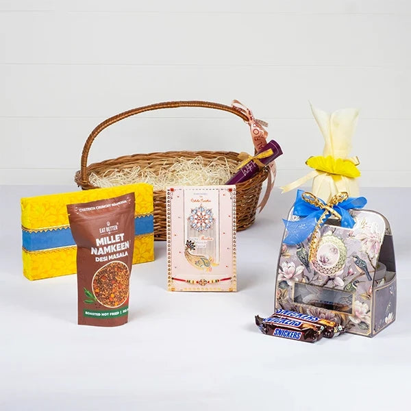 rakhi greeting card set gourmet delights hamper front view
