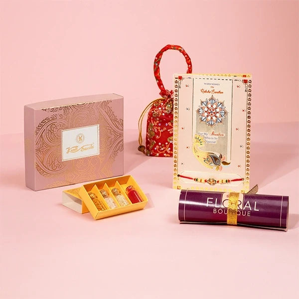 rakhi greeting card set with kanti kaju katli and roli chawal front view