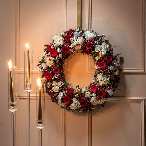 red and white rose harmony wreath front view 2