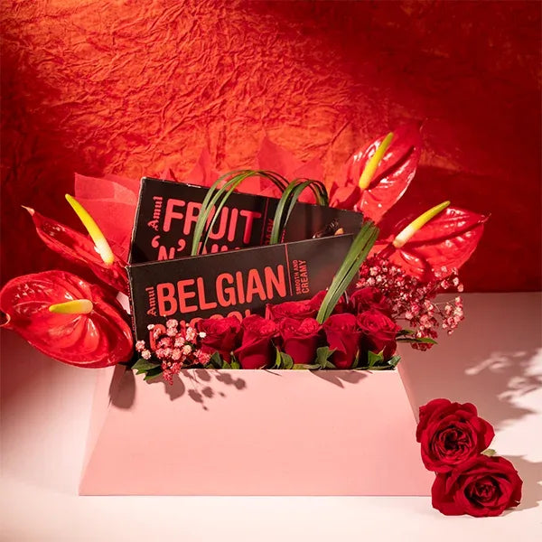 red roses anthurium chocolate in a box front view 3