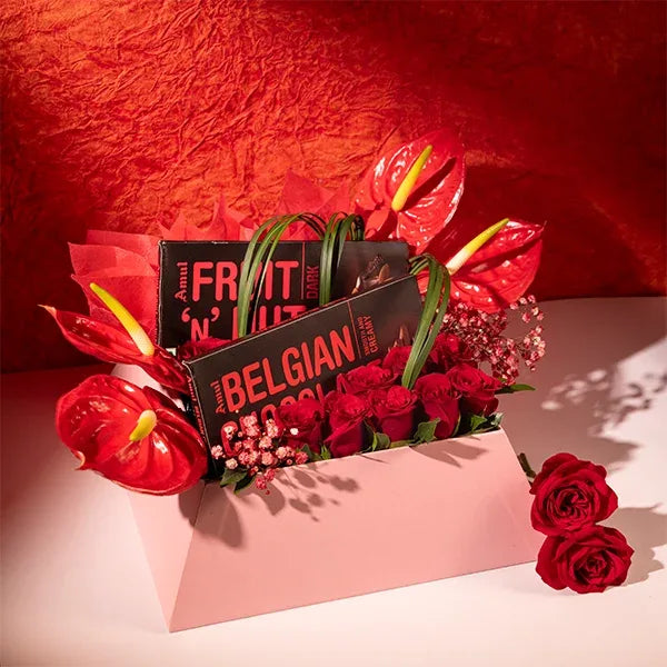 red roses anthurium chocolate in a box front view 2